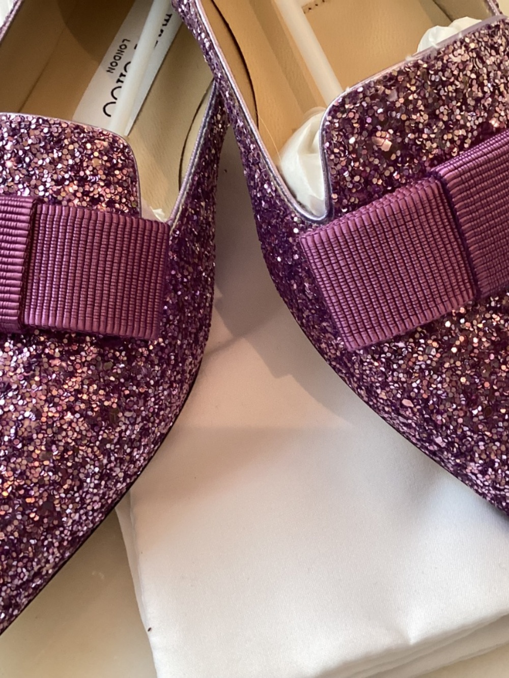JIMMY CHOO PINK VIOLET SHOE - CHAMPAGNE PINK VIOLET GLITTER FLAT - SIZE 7 / EU - Picture 5 of 9